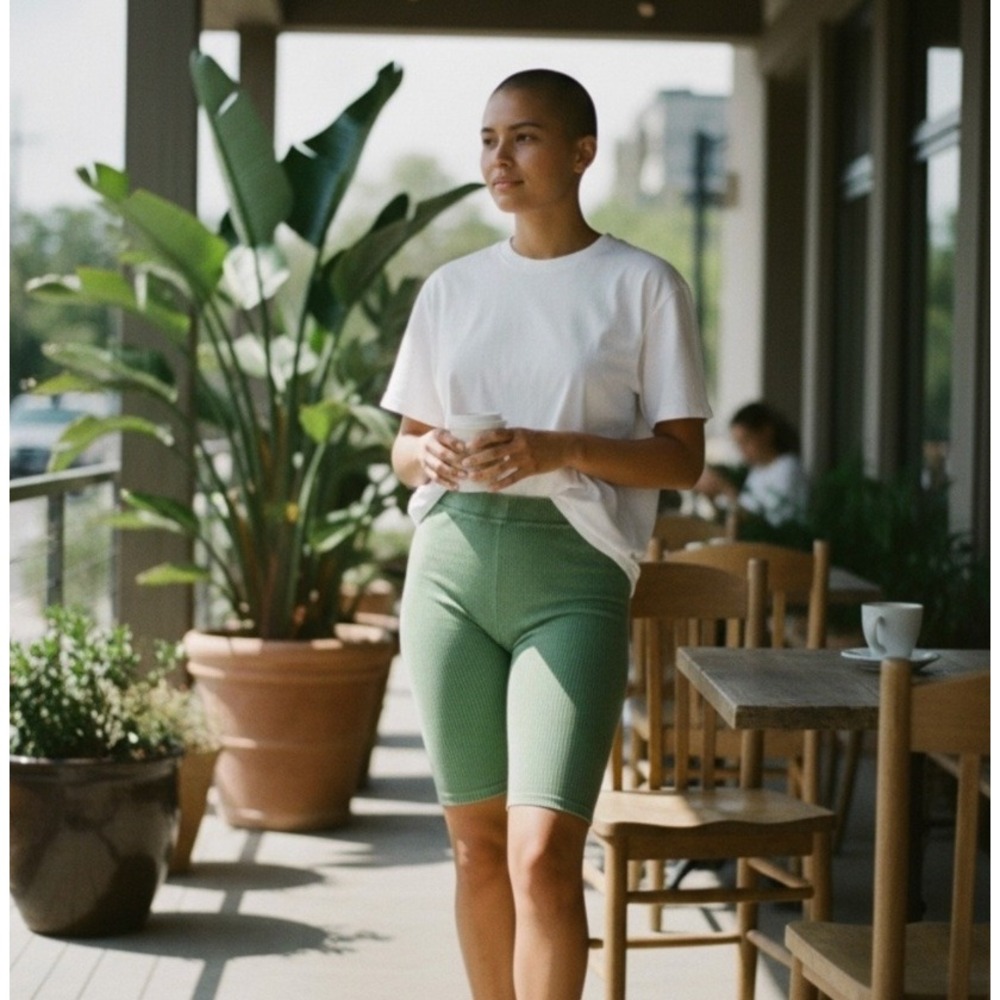 NWT LA Luxe Ribbed Acid Wash Pull On‎ Bike Shorts L Green